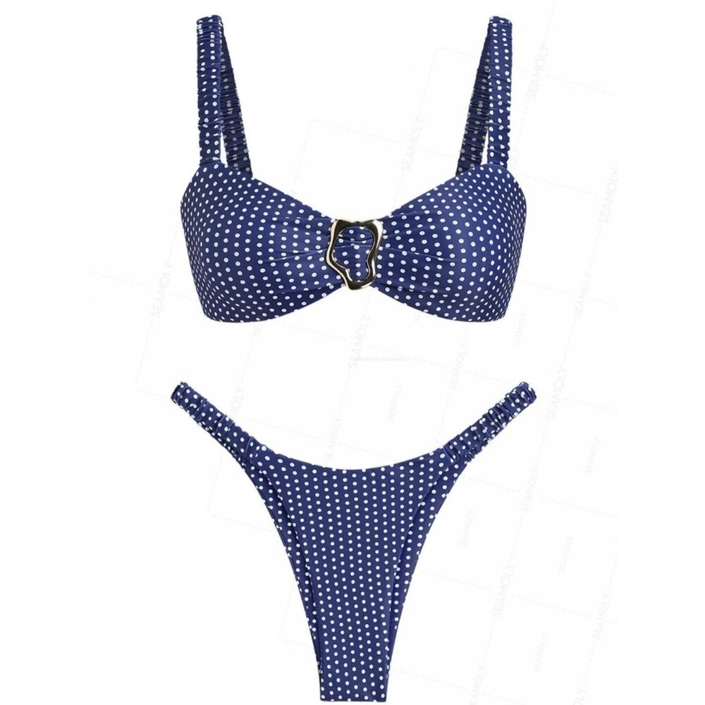 NWT Seamolly Blue Polka Dot Two Piece High Leg Cheeky Bikini Padded - Size S